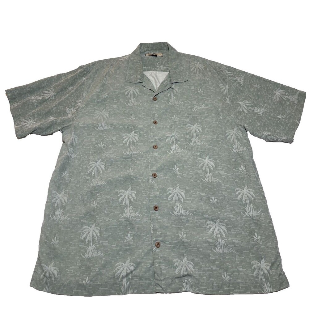 Tommy Bahama Shirt Mens Button Silk Original Fit Green Tropical Jacquard Large